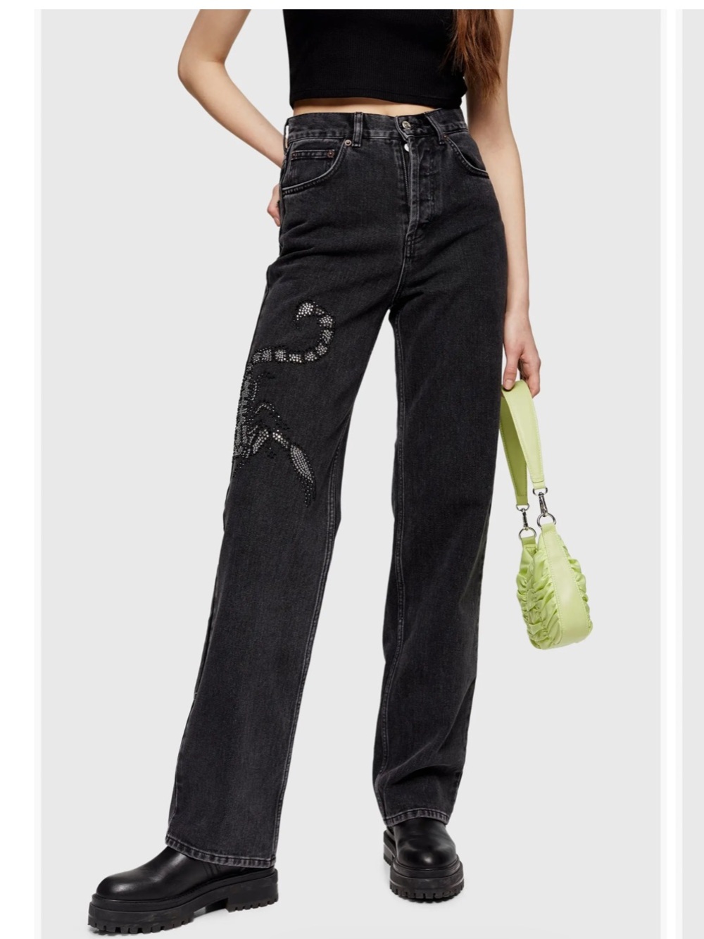 Topshop Black Wide-Leg High-Rise Jeans with Rhinestone Snake Detail